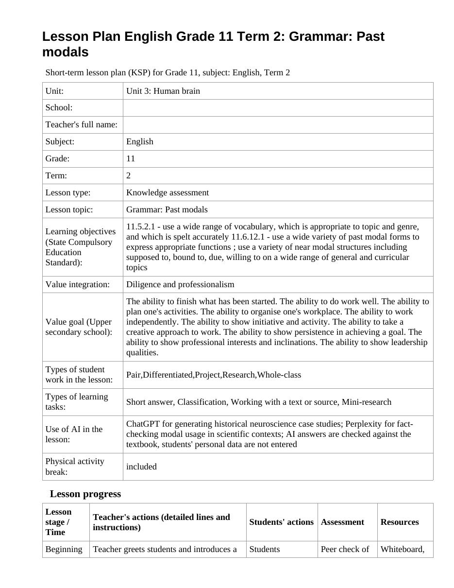 Lesson Plan English Grade 11 Term 2: Grammar: Past modals