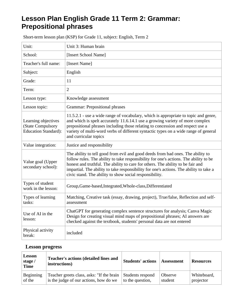 Lesson Plan English Grade 11 Term 2: Grammar: Prepositional phrases