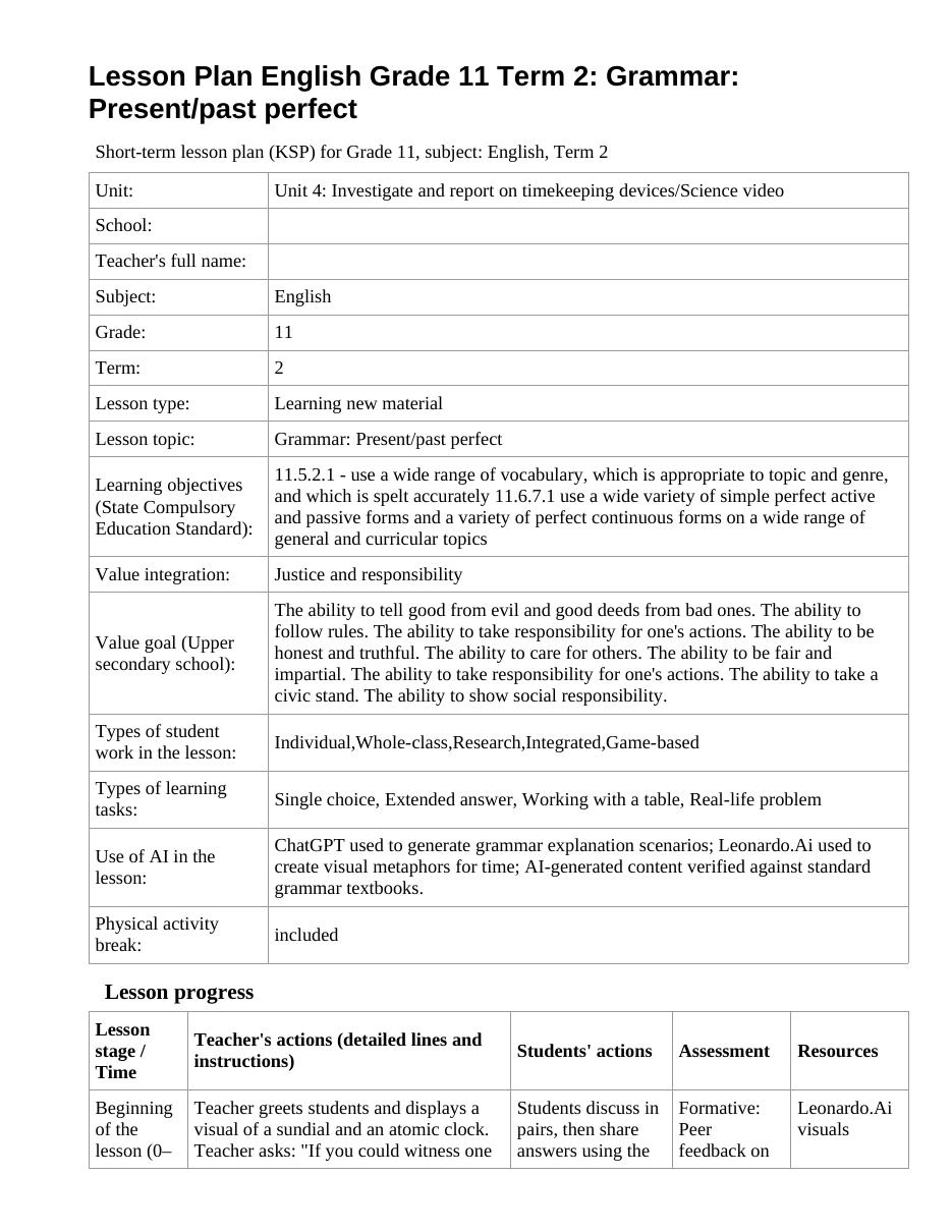 Lesson Plan English Grade 11 Term 2: Grammar: Present/past perfect