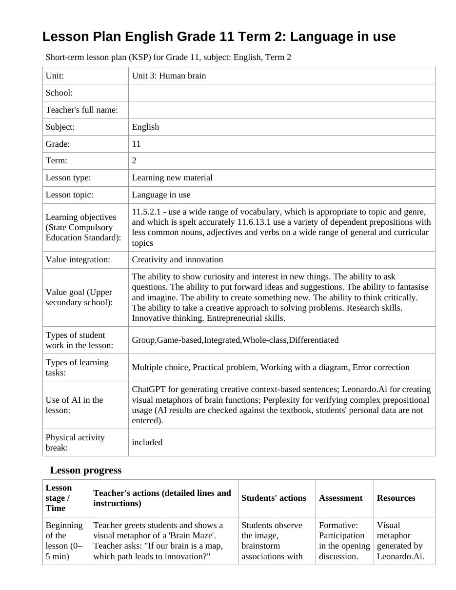 Lesson Plan English Grade 11 Term 2: Language in use