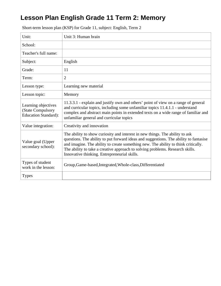 Lesson Plan English Grade 11 Term 2: Memory