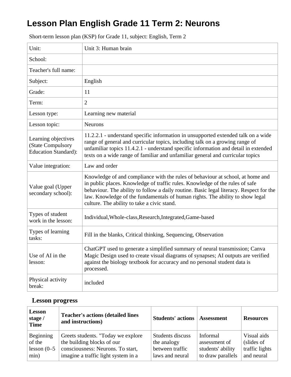 Lesson Plan English Grade 11 Term 2: Neurons