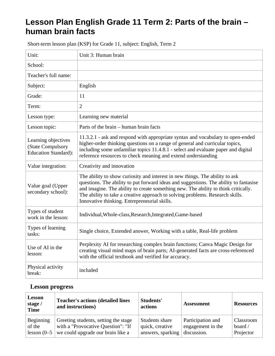 Lesson Plan English Grade 11 Term 2: Parts of the brain – human brain facts