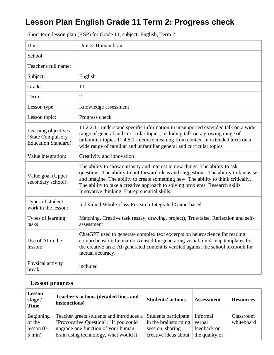 Lesson Plan English Grade 11 Term 2: Progress check