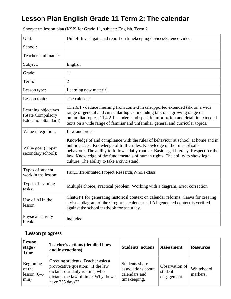 Lesson Plan English Grade 11 Term 2: The calendar