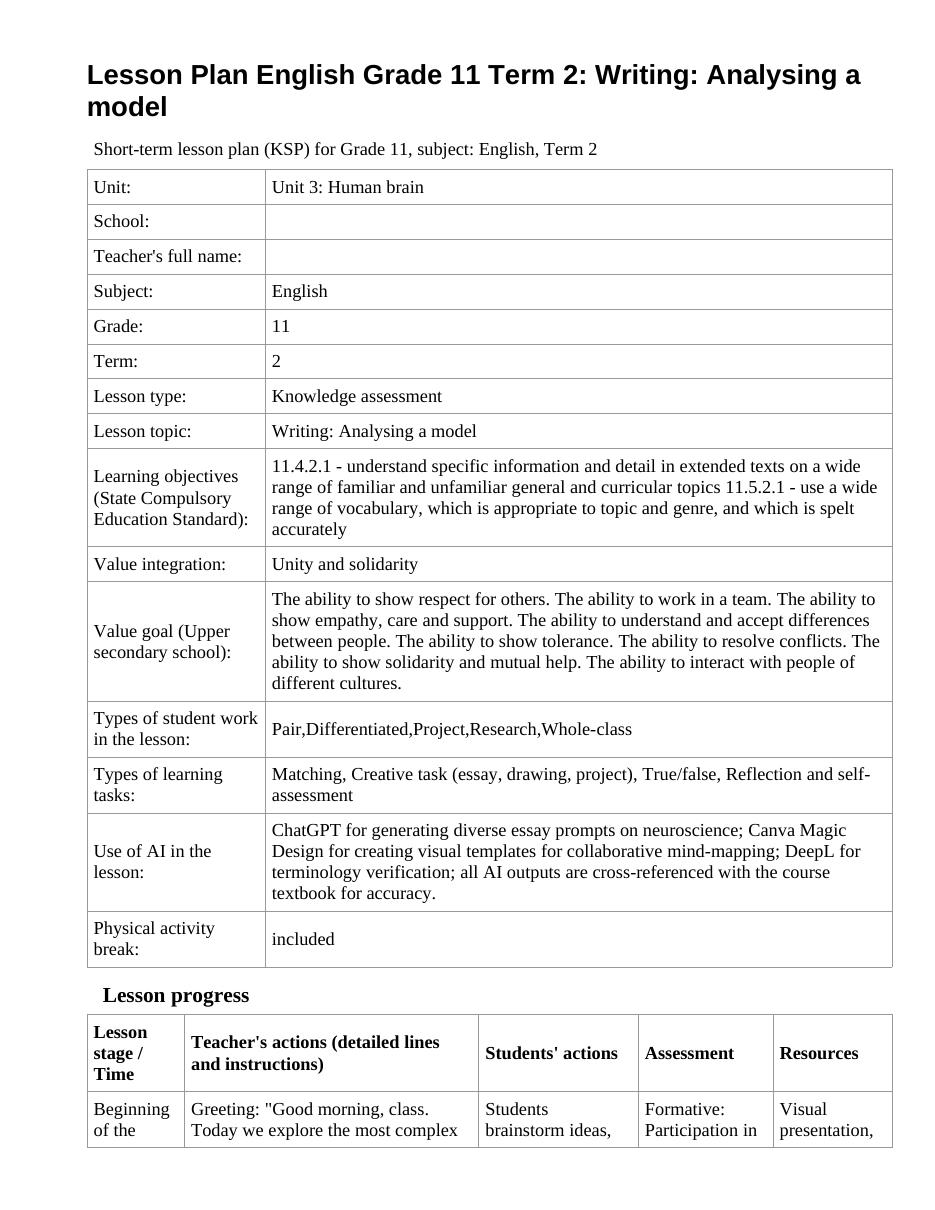 Lesson Plan English Grade 11 Term 2: Writing: Analysing a model