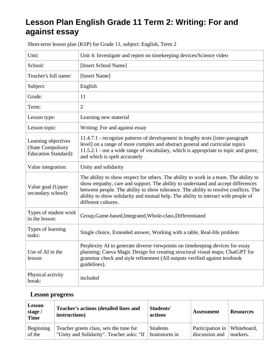 Lesson Plan English Grade 11 Term 2: Writing: For and against essay