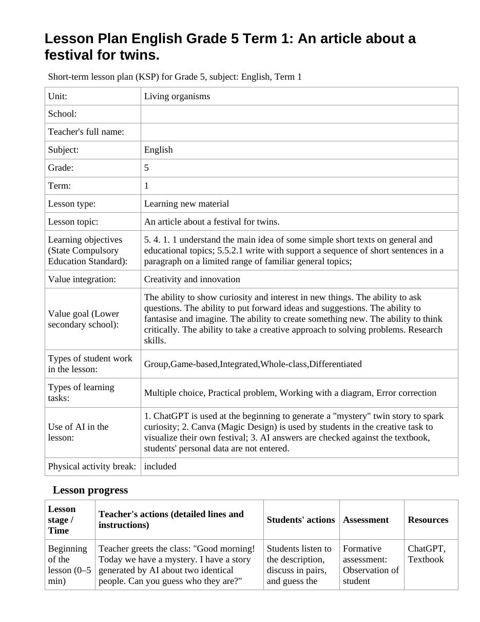Lesson Plan English Grade 5 Term 1: An article about a festival for twins.