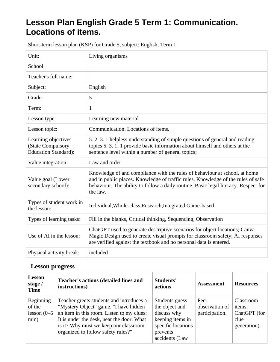 Lesson Plan English Grade 5 Term 1: Communication. Locations of items.