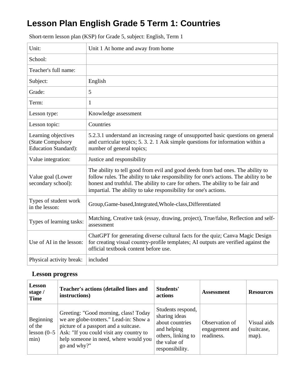 Lesson Plan English Grade 5 Term 1: Countries