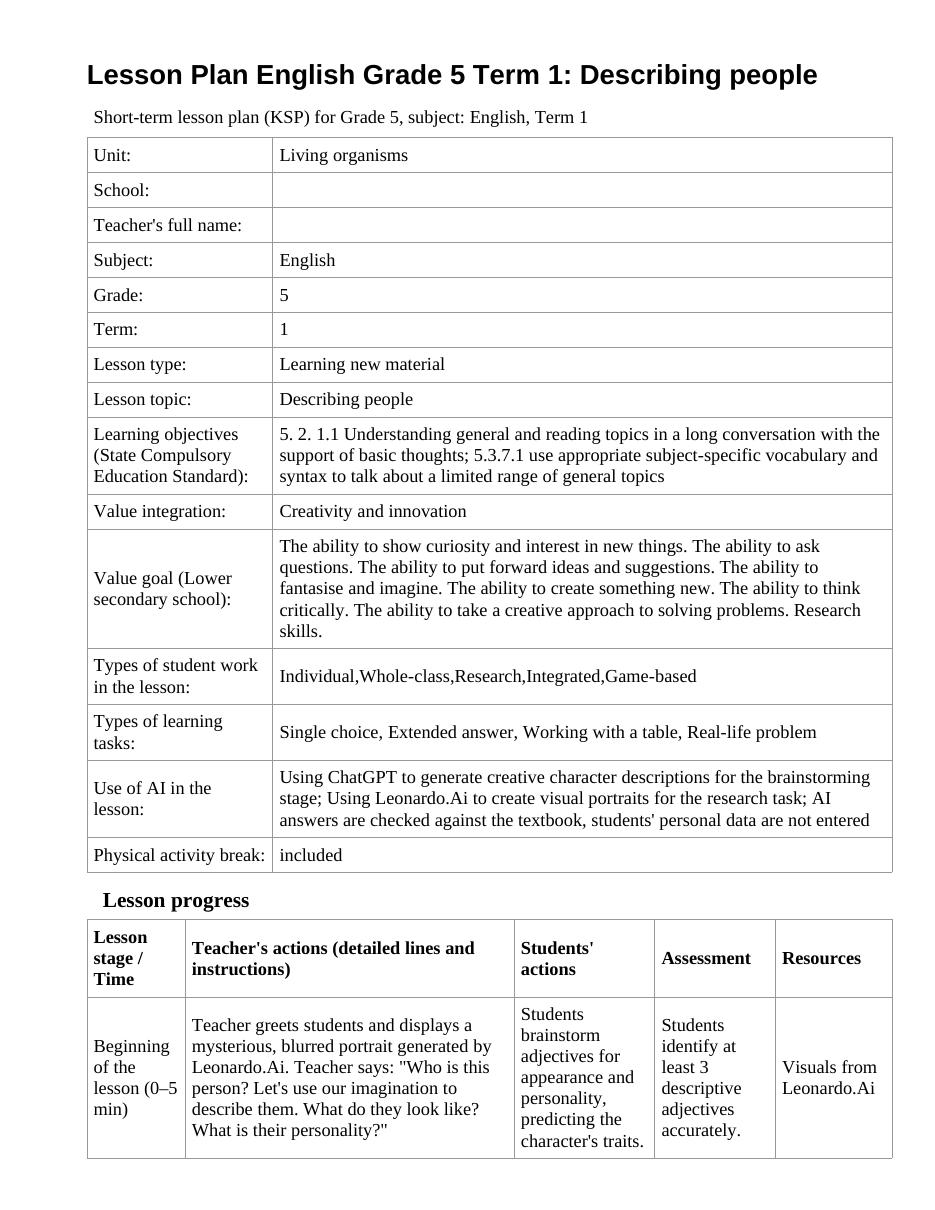 Lesson Plan English Grade 5 Term 1: Describing people