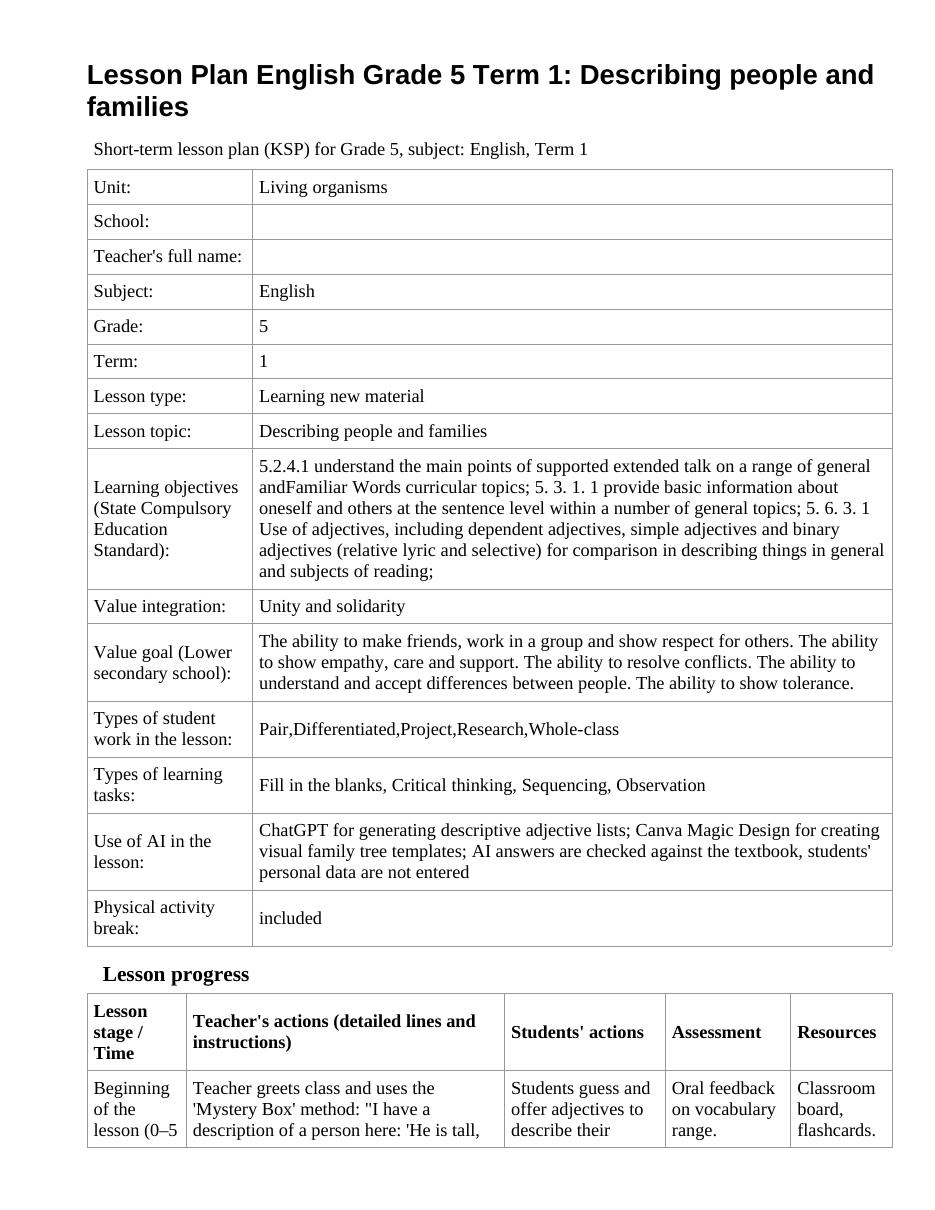 Lesson Plan English Grade 5 Term 1: Describing people and families