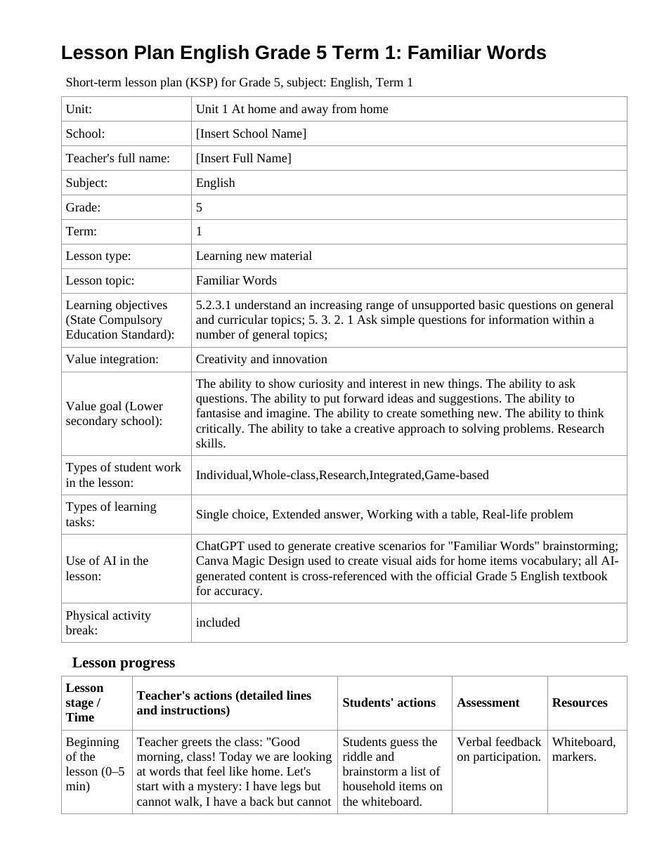 Lesson Plan English Grade 5 Term 1: Familiar Words