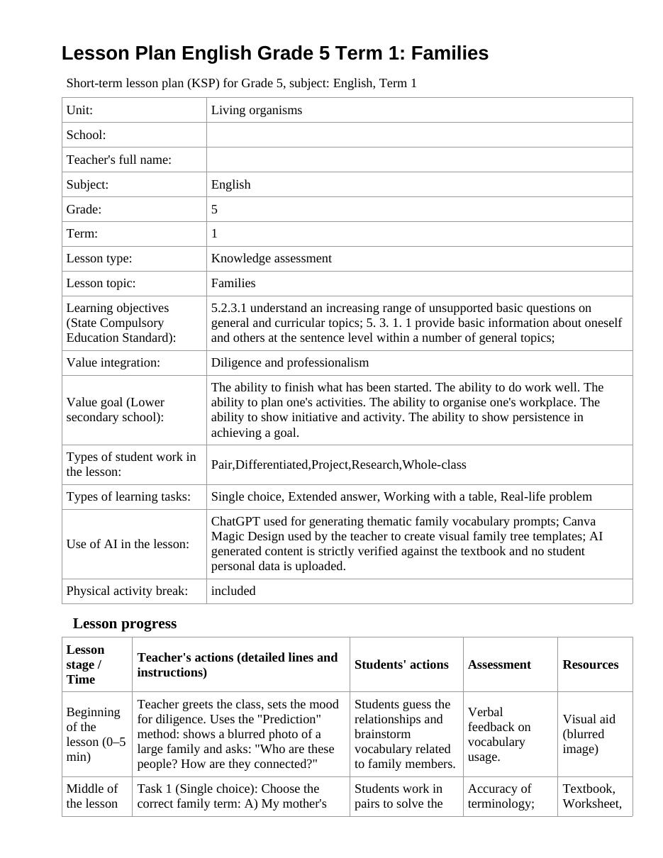 Lesson Plan English Grade 5 Term 1: Families