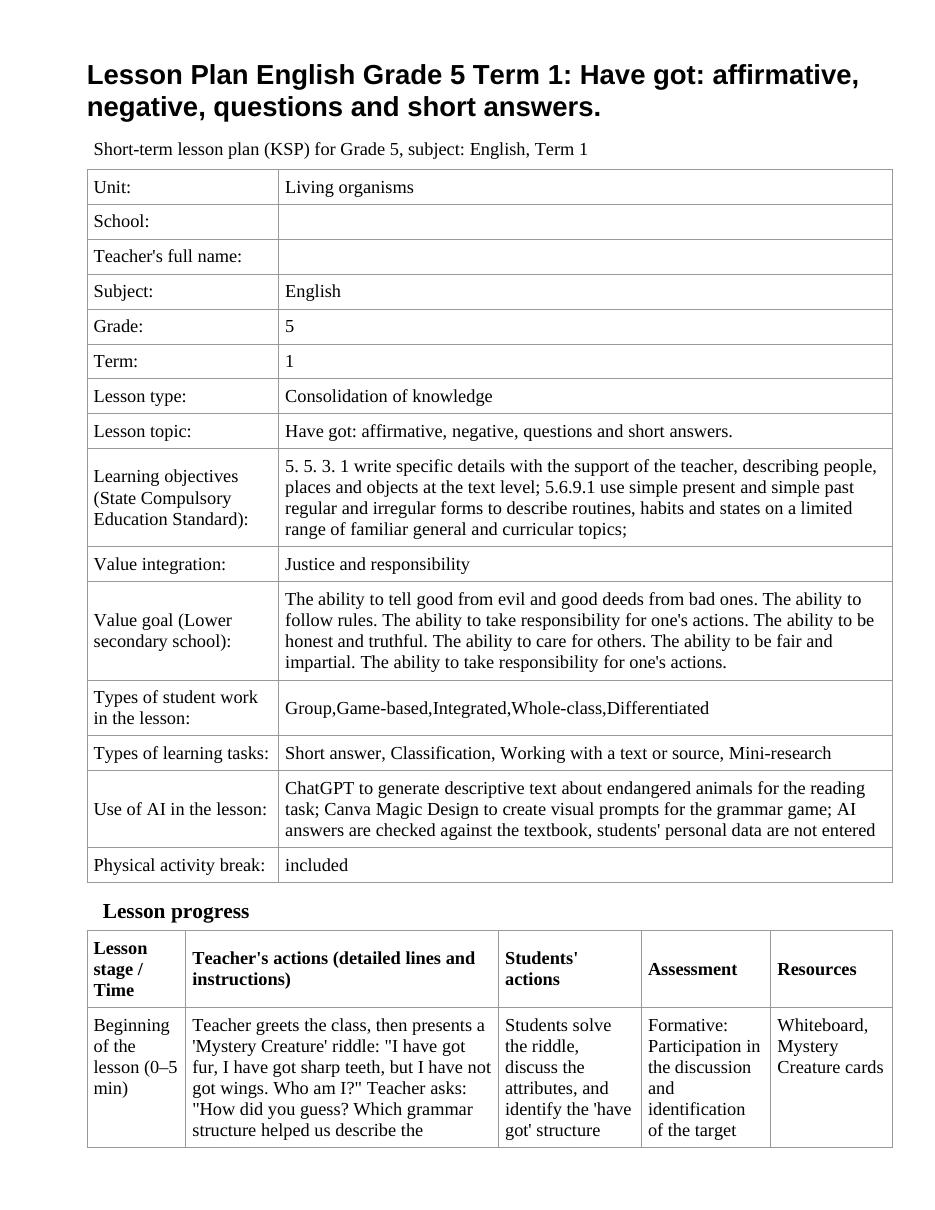 Lesson Plan English Grade 5 Term 1: Have got: affirmative, negative, questions and short answers.