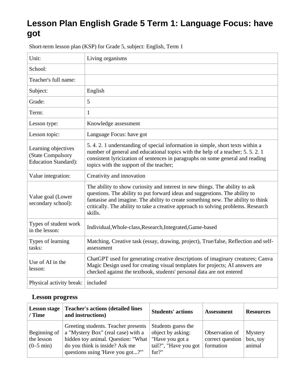 Lesson Plan English Grade 5 Term 1: Language Focus: have got