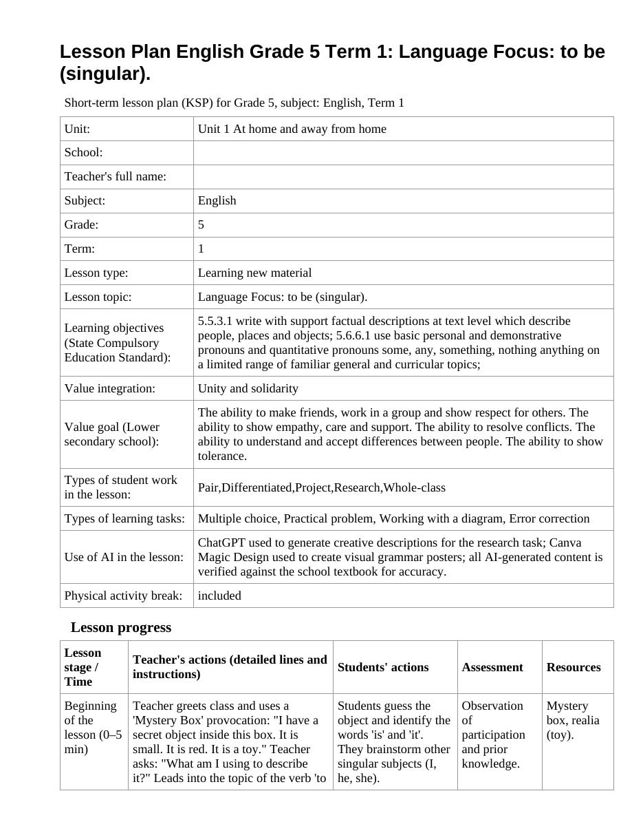 Lesson Plan English Grade 5 Term 1: Language Focus: to be (singular).