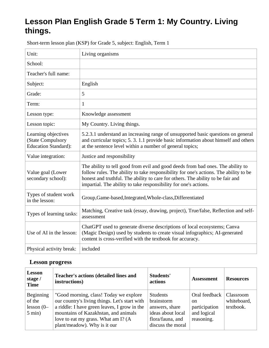 Lesson Plan English Grade 5 Term 1: My Country. Living things.