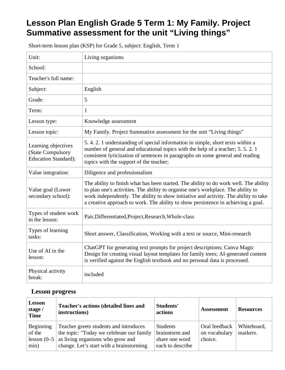 Lesson Plan English Grade 5 Term 1: My Family. Project Summative assessment for the unit “Living things”