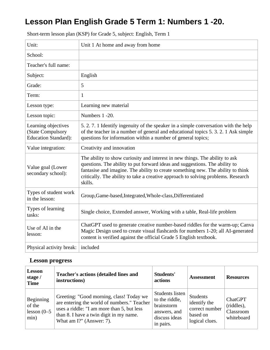 Lesson Plan English Grade 5 Term 1: Numbers 1 -20.