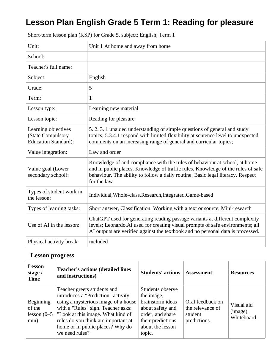 Lesson Plan English Grade 5 Term 1: Reading for pleasure (lesson 1)