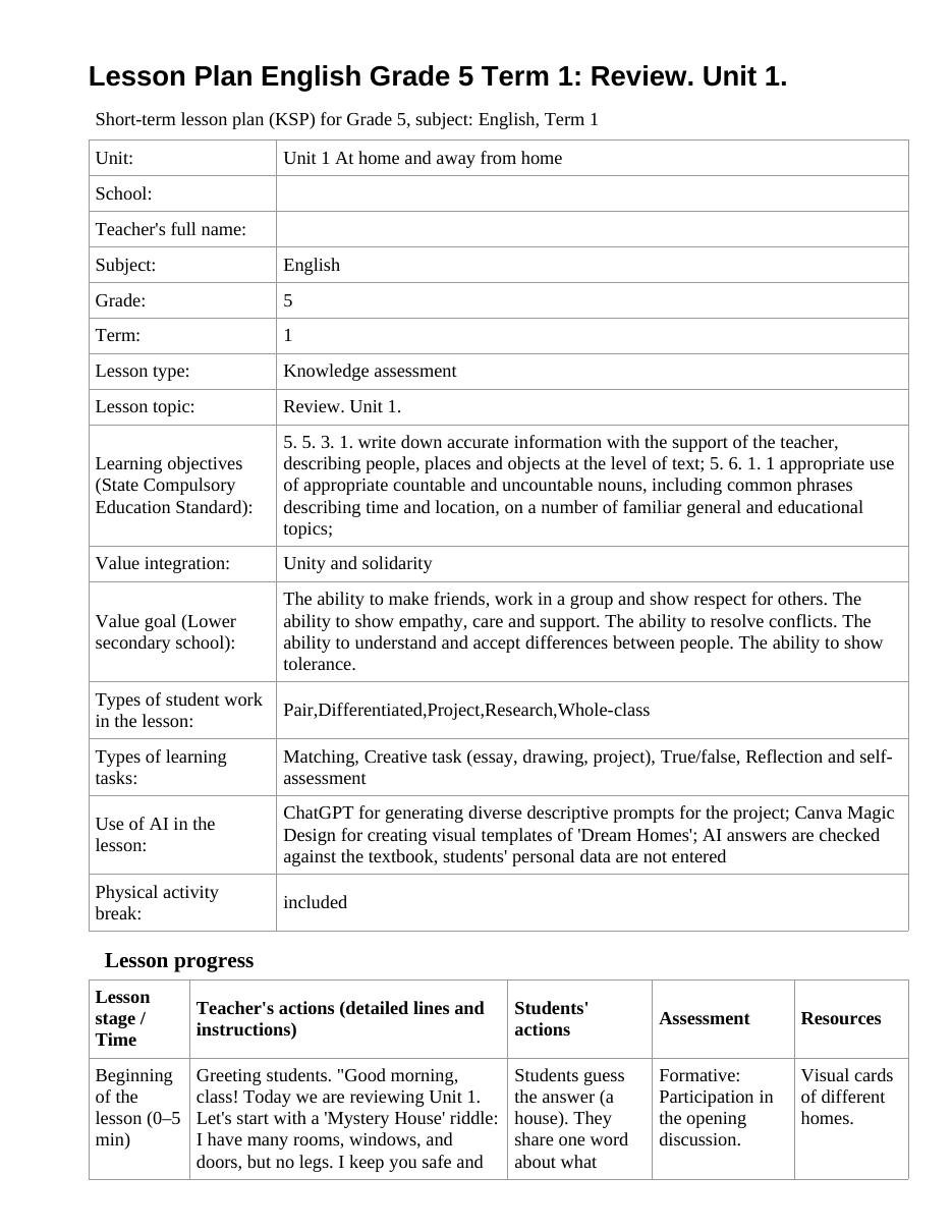 Lesson Plan English Grade 5 Term 1: Review. Unit 1.