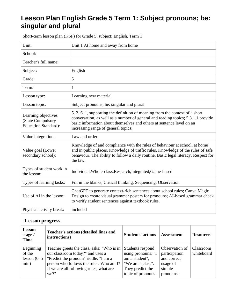 Lesson Plan English Grade 5 Term 1: Subject pronouns; be: singular and plural (lesson 1)
