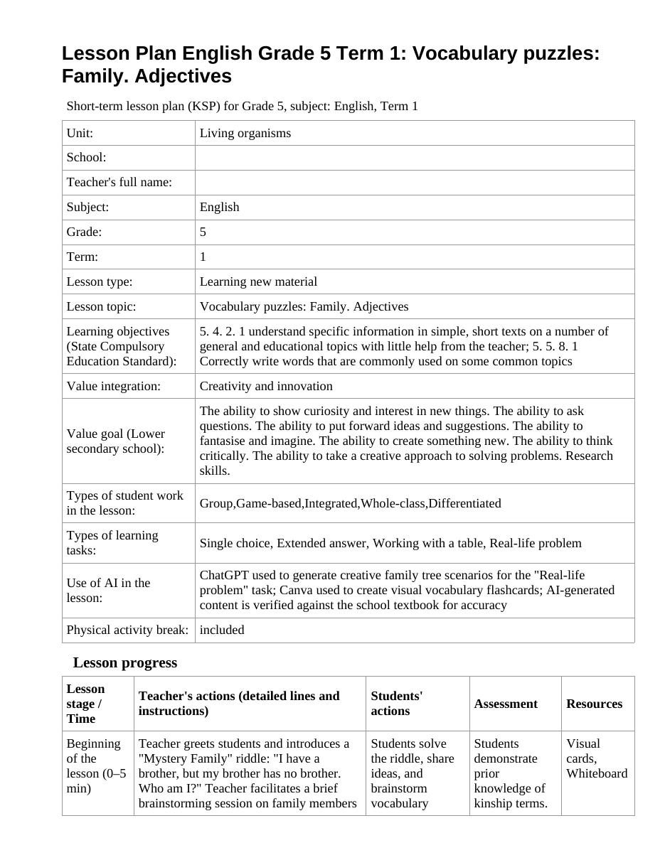 Lesson Plan English Grade 5 Term 1: Vocabulary puzzles: Family. Adjectives