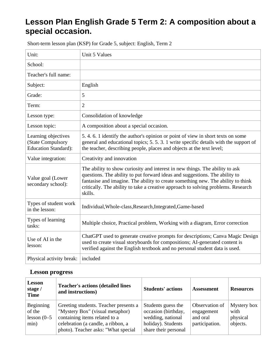 Lesson Plan English Grade 5 Term 2: A composition about a special occasion.