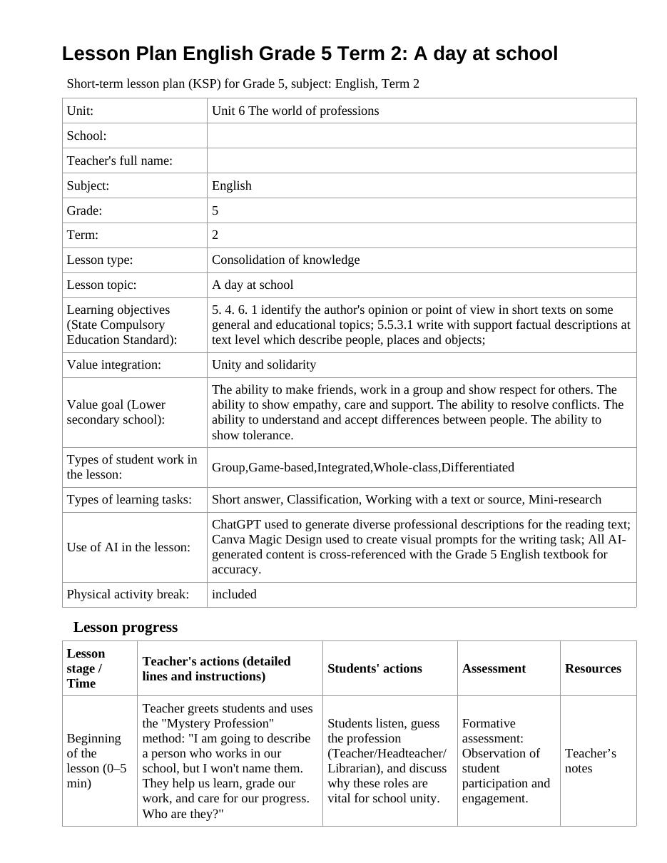 Lesson Plan English Grade 5 Term 2: A day at school