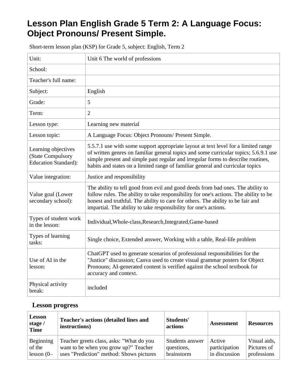 Lesson Plan English Grade 5 Term 2: A Language Focus: Object Pronouns/ Present Simple.