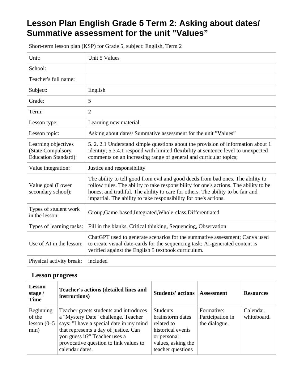 Lesson Plan English Grade 5 Term 2: Asking about dates/ Summative assessment for the unit ”Values”