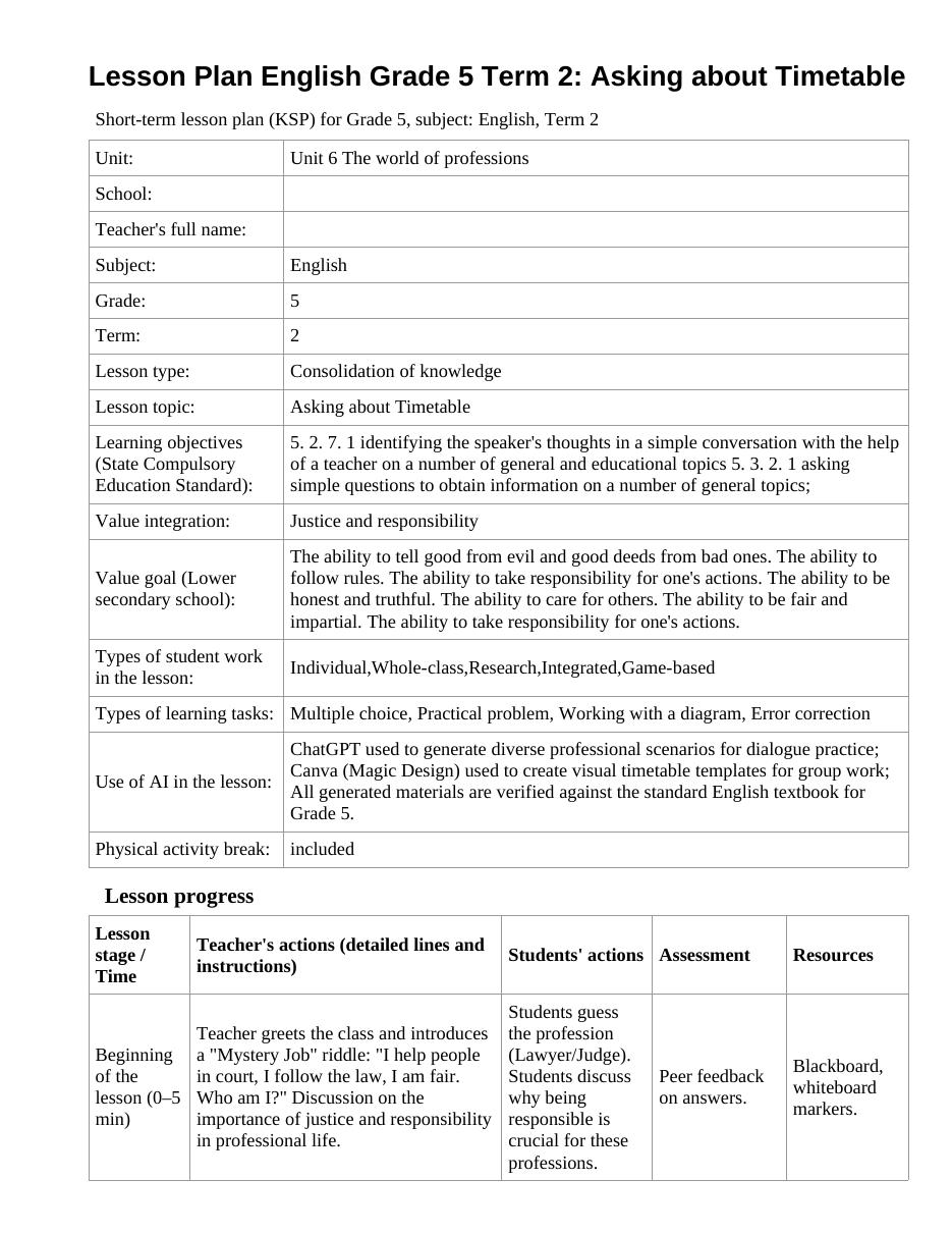 Lesson Plan English Grade 5 Term 2: Asking about Timetable