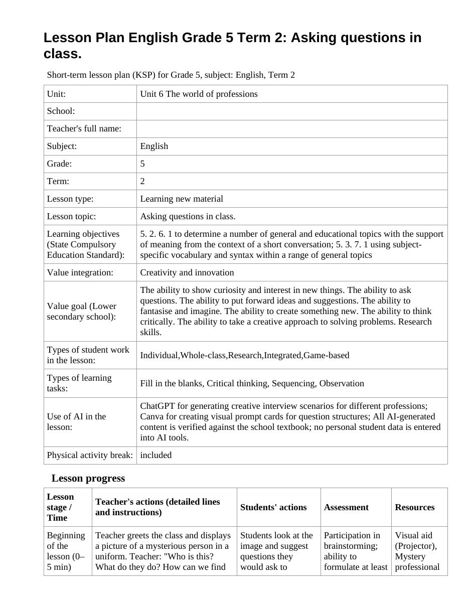 Lesson Plan English Grade 5 Term 2: Asking questions in class.