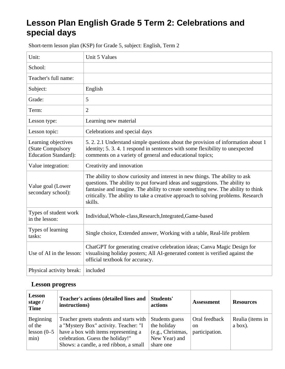 Lesson Plan English Grade 5 Term 2: Celebrations and special days (lesson 1)