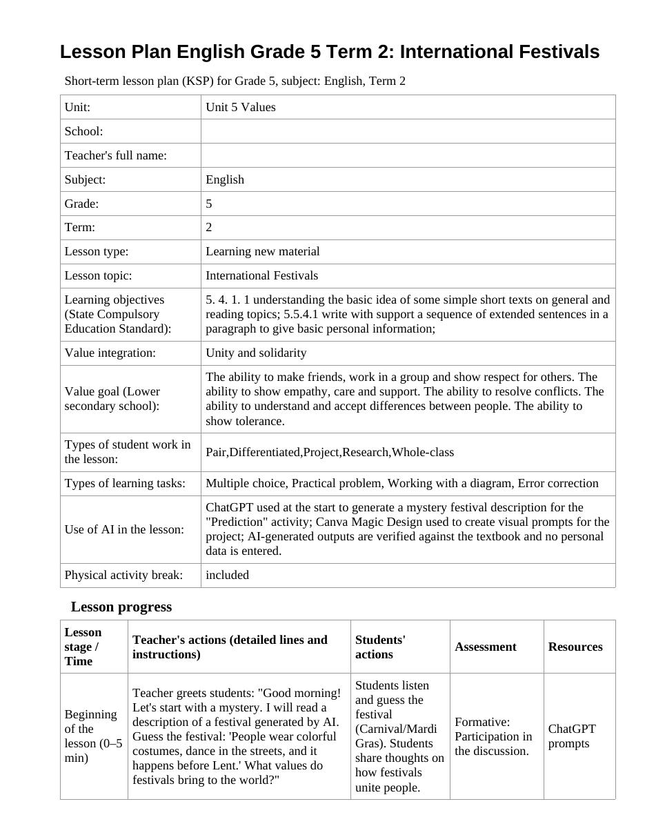 Lesson Plan English Grade 5 Term 2: International Festivals