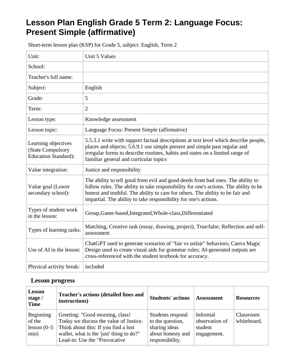 Lesson Plan English Grade 5 Term 2: Language Focus: Present Simple (affirmative)