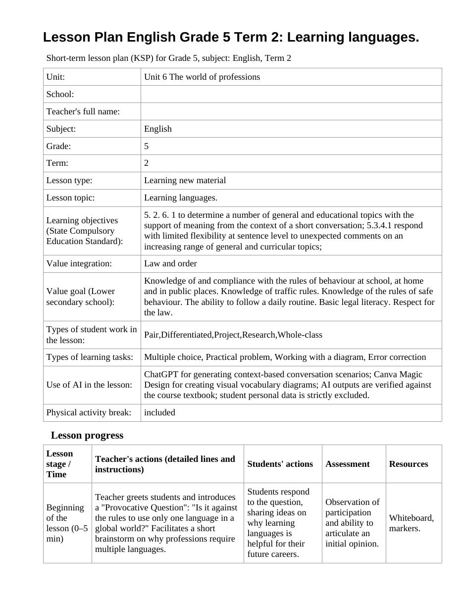 Lesson Plan English Grade 5 Term 2: Learning languages.