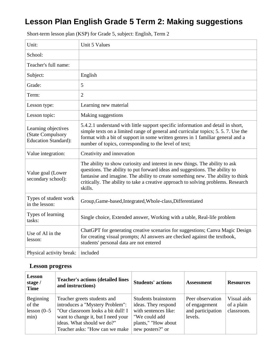 Lesson Plan English Grade 5 Term 2: Making suggestions