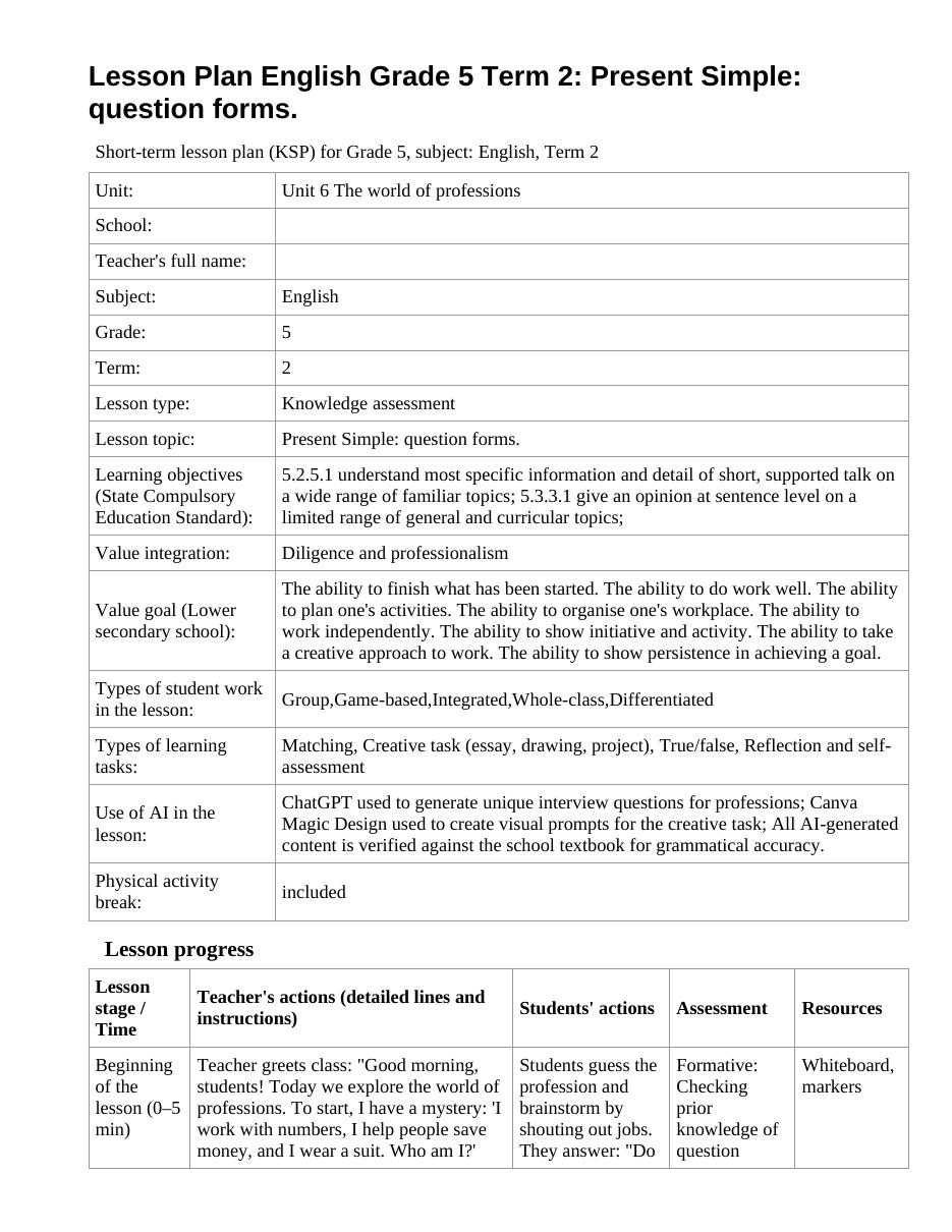 Lesson Plan English Grade 5 Term 2: Present Simple: question forms.