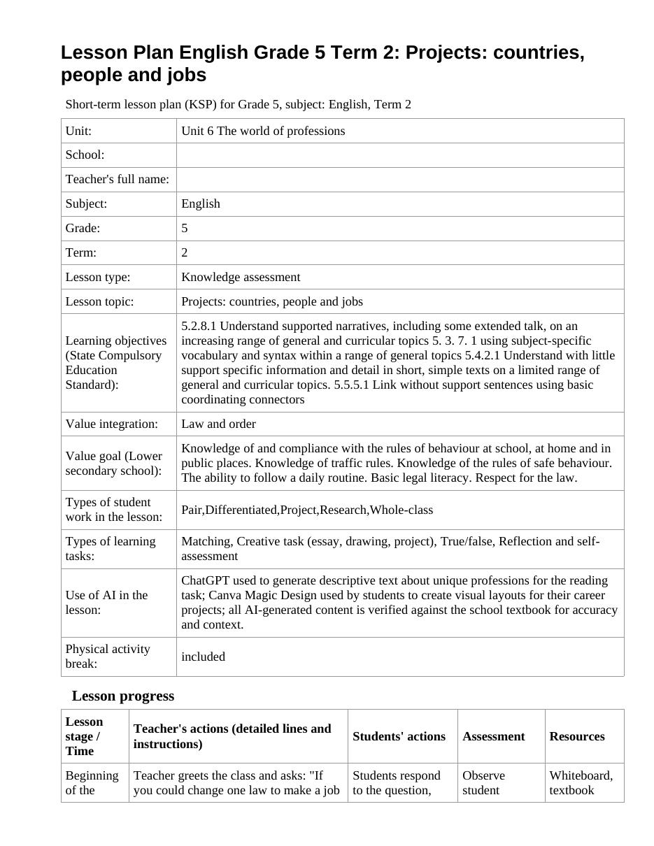 Lesson Plan English Grade 5 Term 2: Projects: countries, people and jobs
