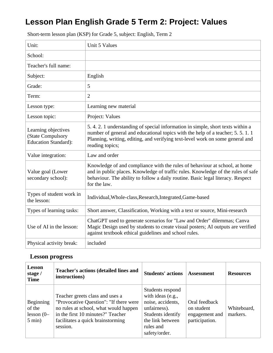 Lesson Plan English Grade 5 Term 2: Project: Values