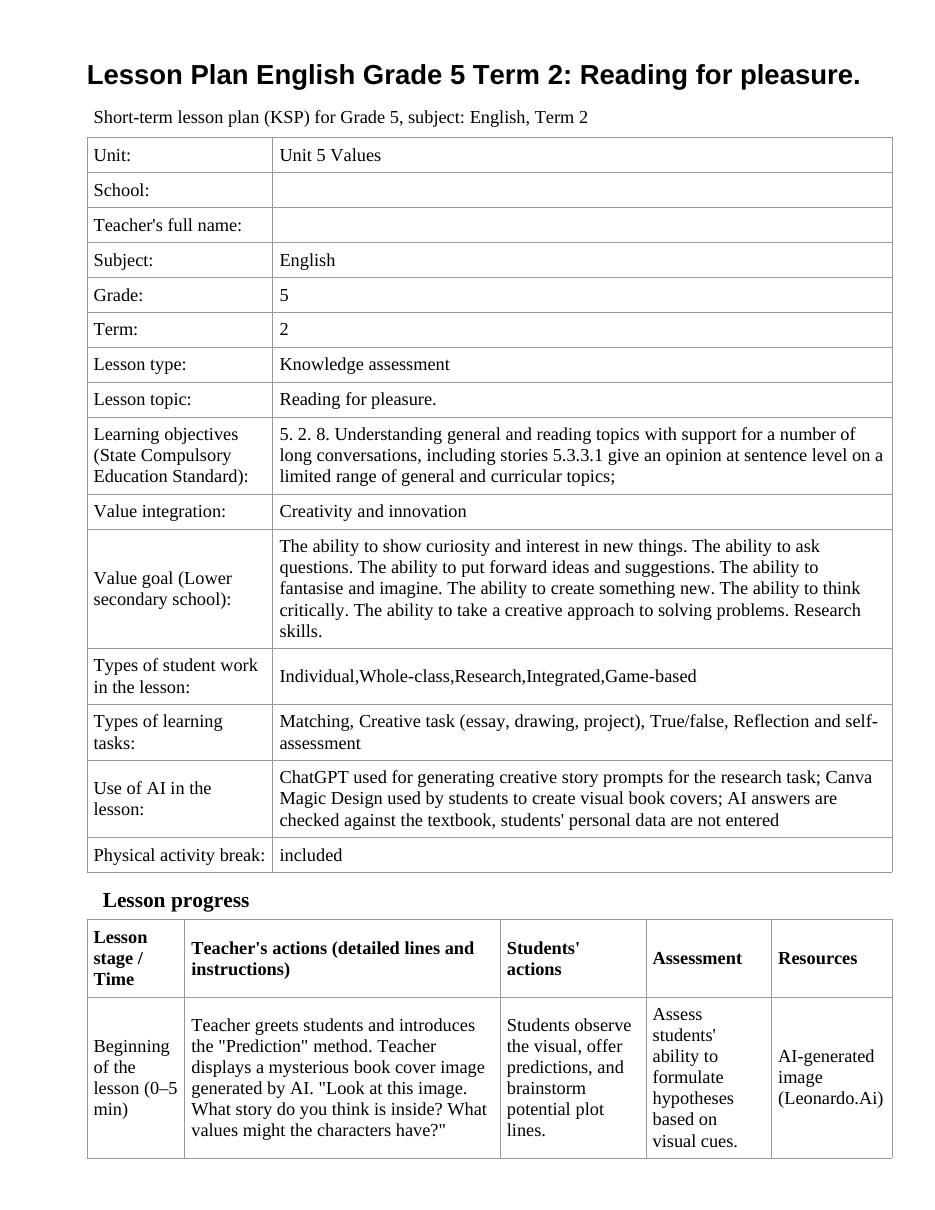 Lesson Plan English Grade 5 Term 2: Reading for pleasure.