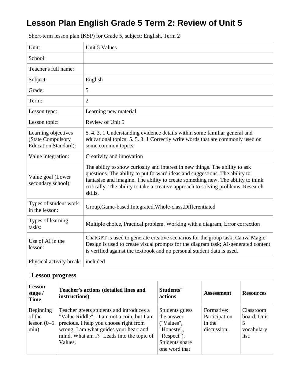 Lesson Plan English Grade 5 Term 2: Review of Unit 5