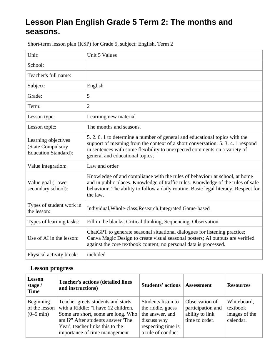Lesson Plan English Grade 5 Term 2: The months and seasons.