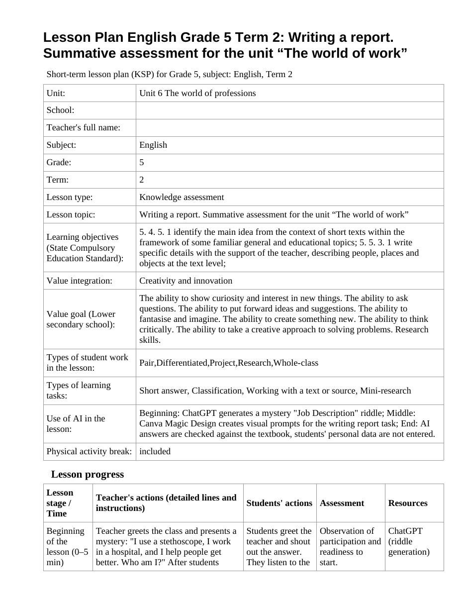 Lesson Plan English Grade 5 Term 2: Writing a report. Summative assessment for the unit “The world of work”
