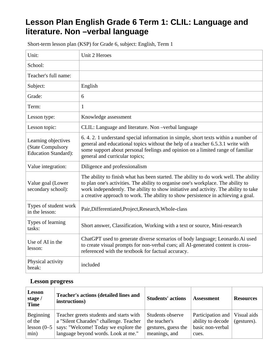 Lesson Plan English Grade 6 Term 1: CLIL: Language and literature. Non –verbal language