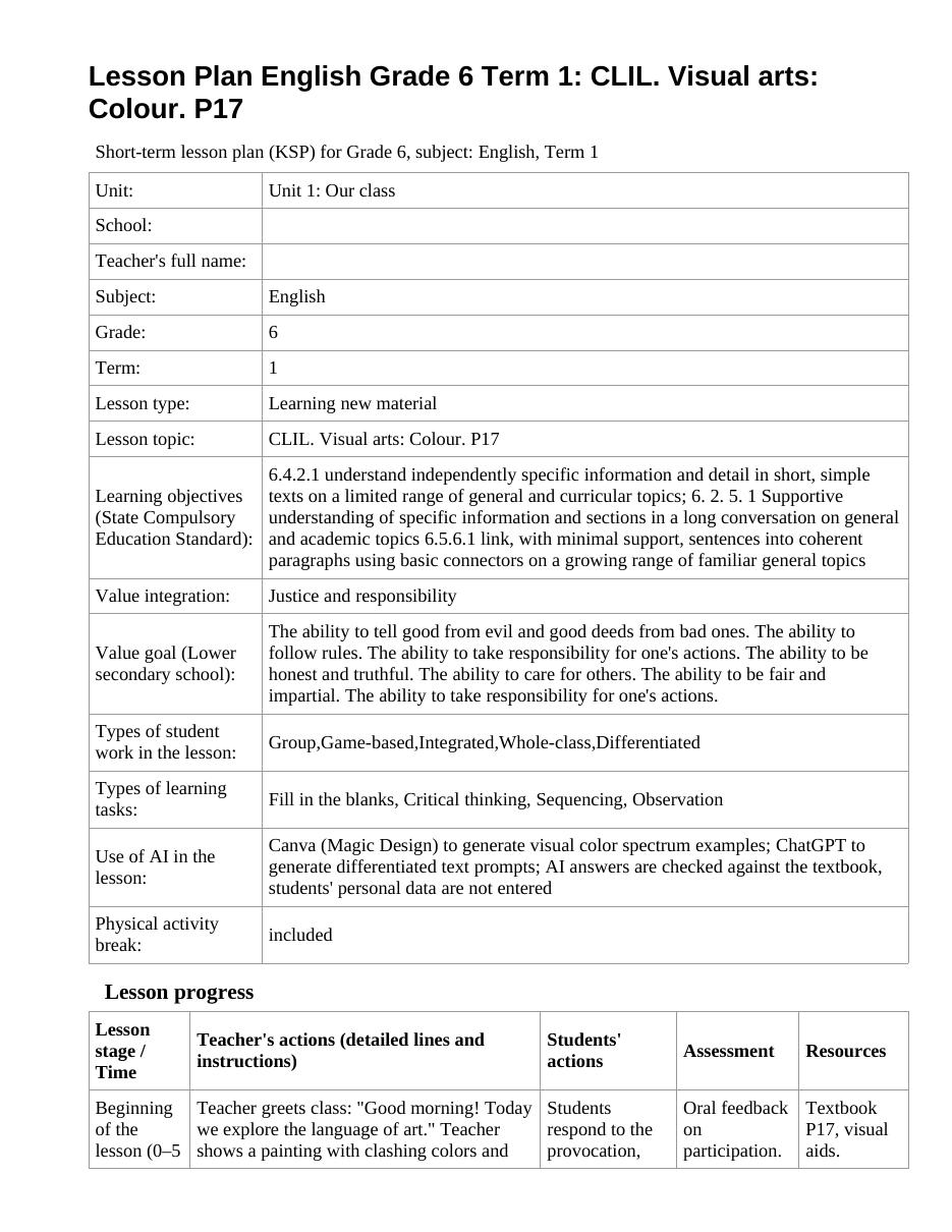 Lesson Plan English Grade 6 Term 1: CLIL. Visual arts: Colour. P17