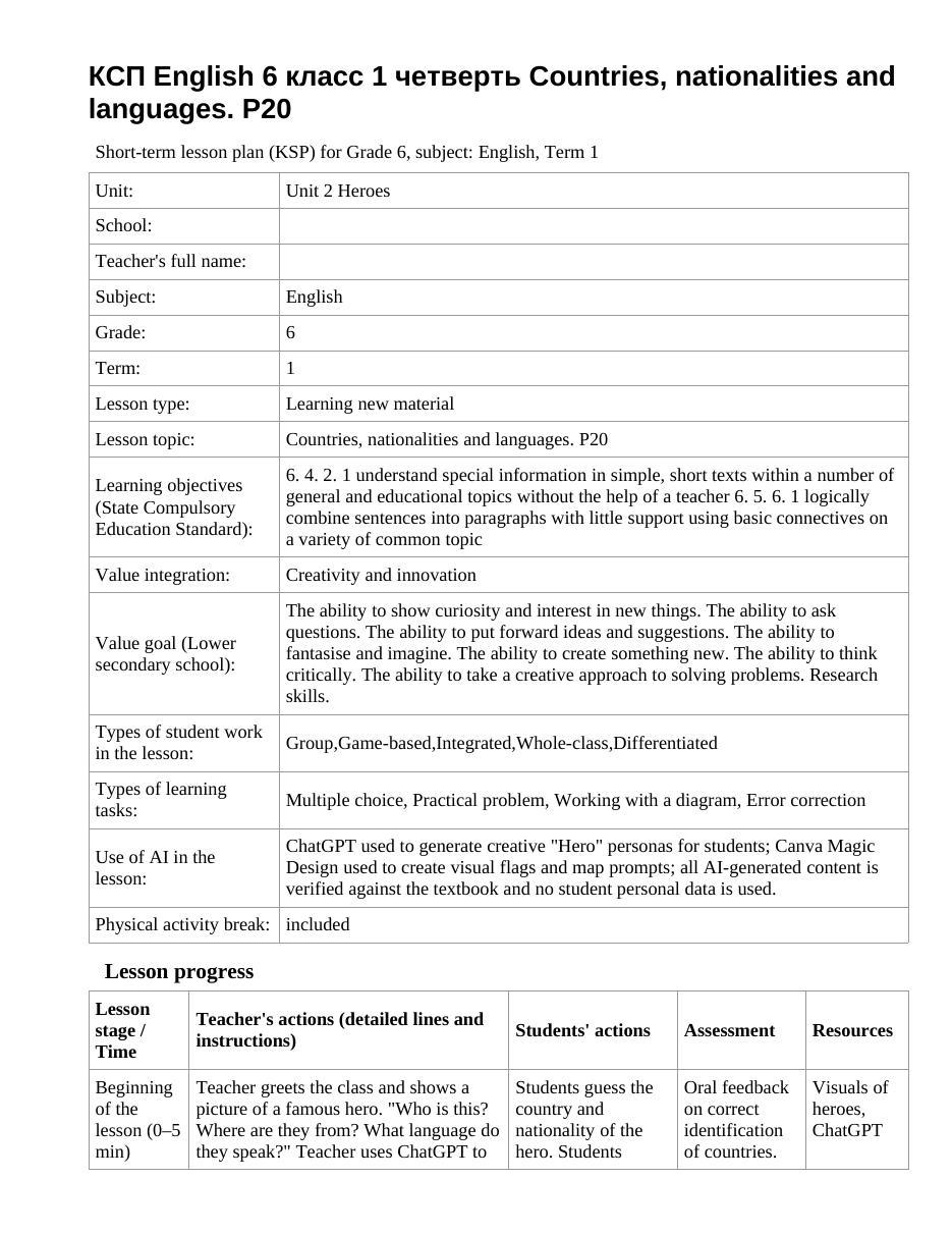 Lesson Plan English Grade 6 Term 1: Countries, nationalities and languages. P20