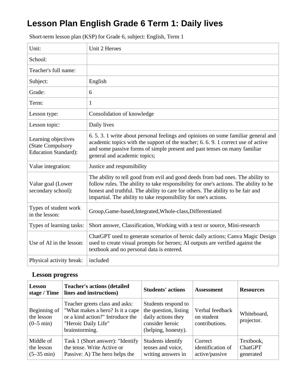 Lesson Plan English Grade 6 Term 1: Daily lives